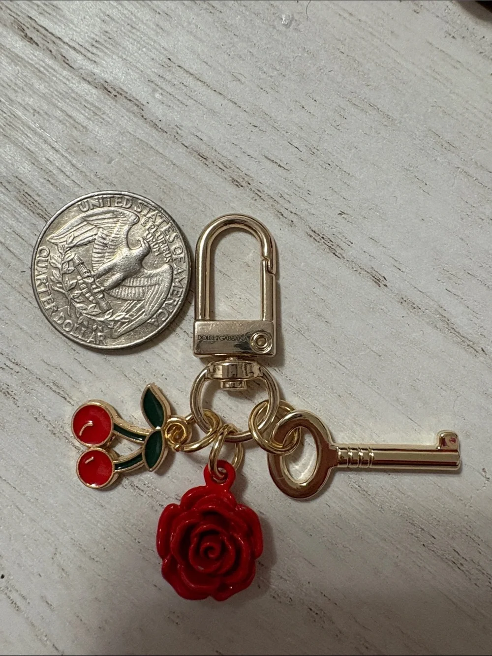 Dolce & Gabbana Gold-tone Keyring with Red Rose and Cherry Charms